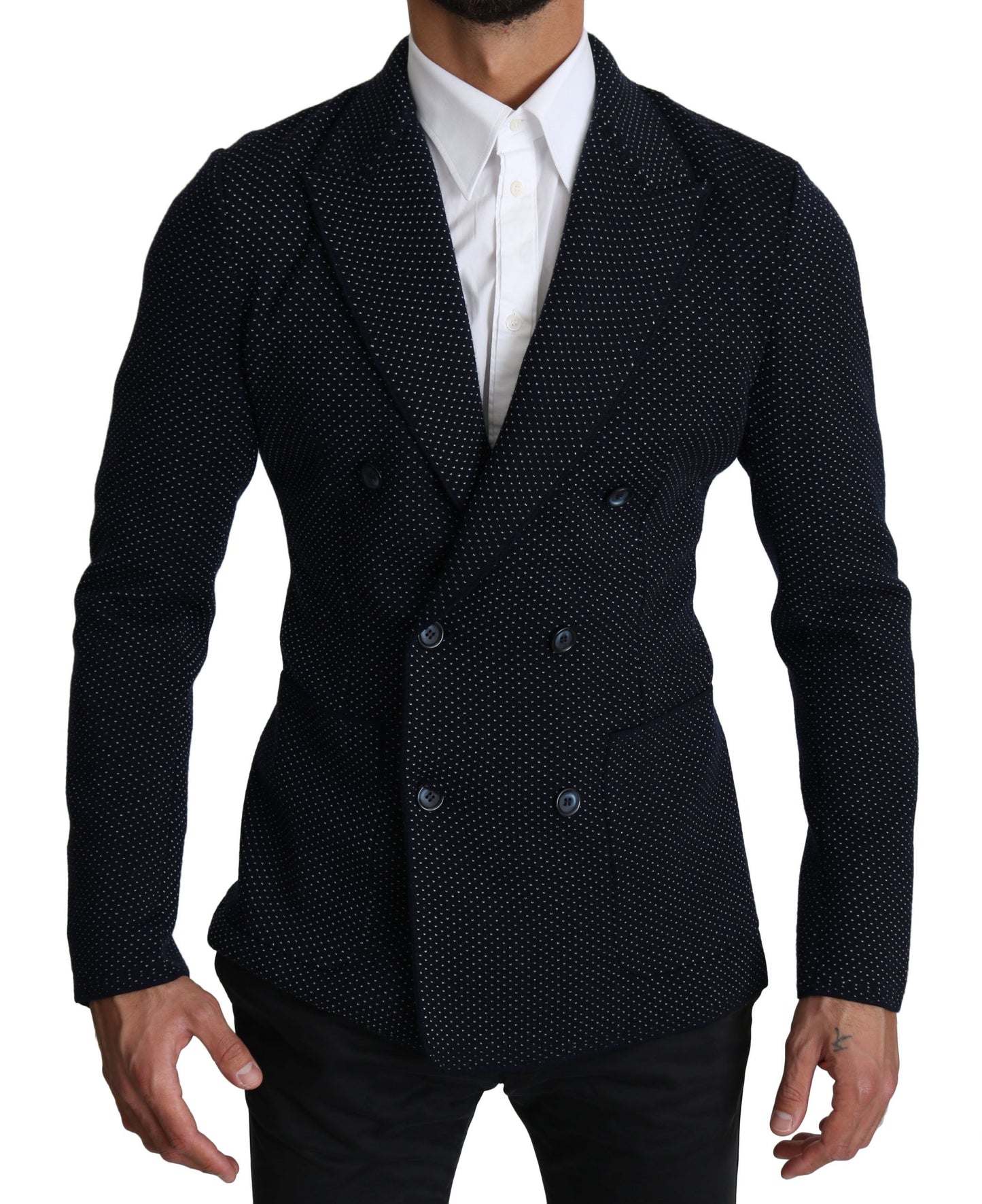Dolce &amp; Gabbana Blazer-manteau à double boutonnage bleu foncé à pois