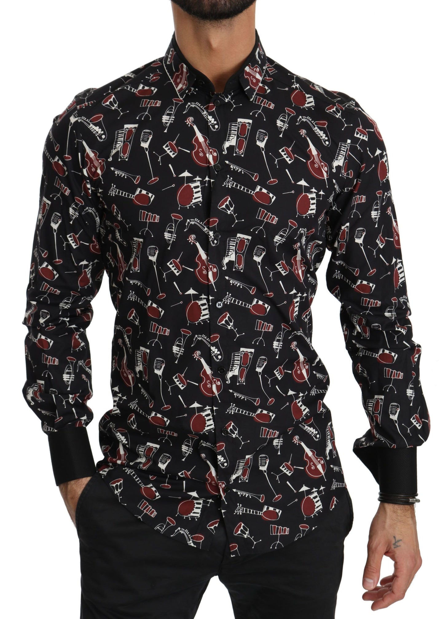 Chemise noire à manches longues et coupe ajustée avec motif d'instrument de musique de Dolce &amp; Gabbana