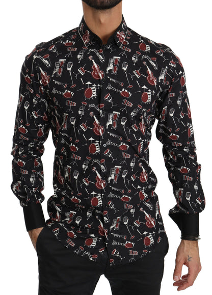 Chemise noire à manches longues et coupe ajustée avec motif d'instrument de musique de Dolce &amp; Gabbana