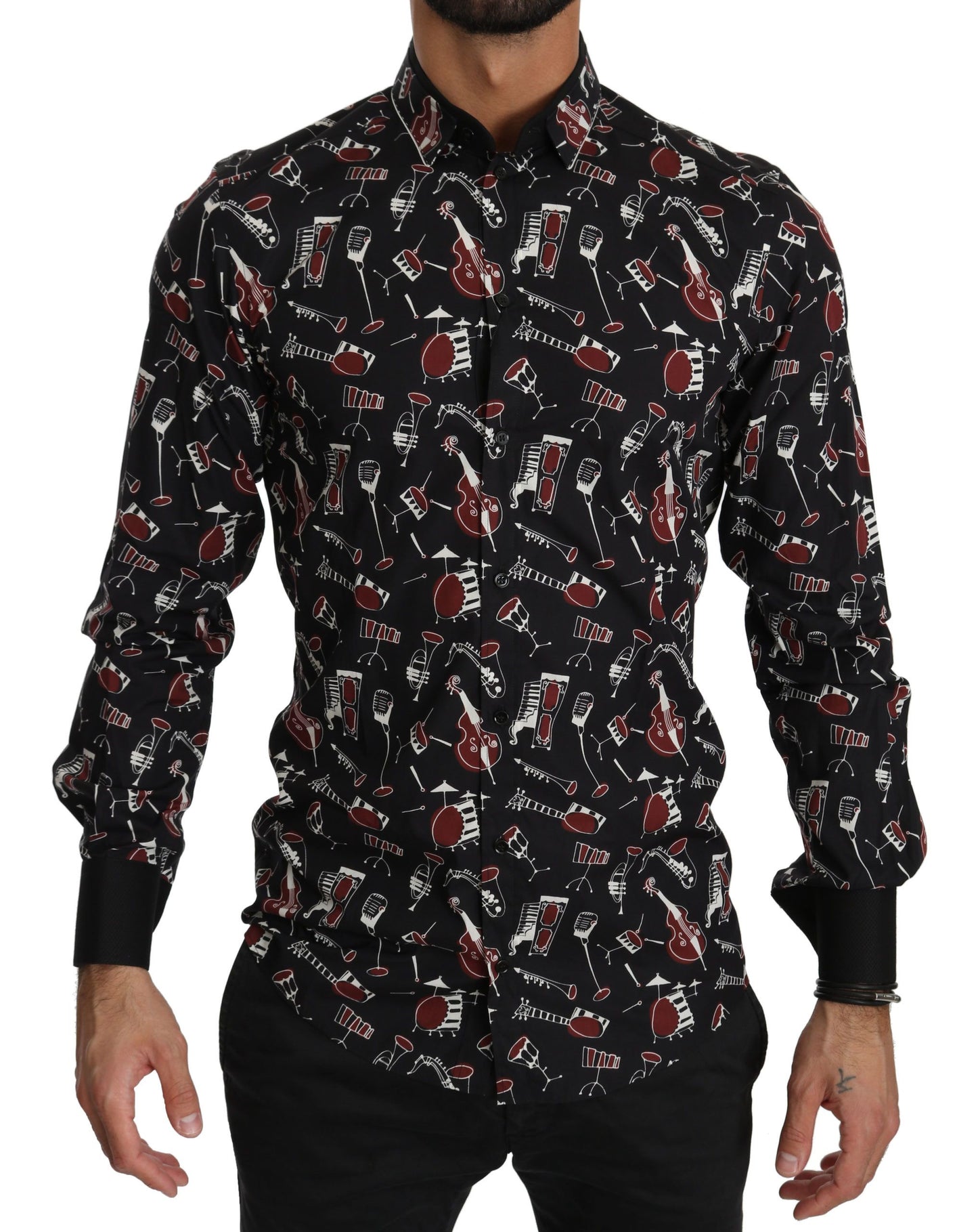 Chemise noire à manches longues et coupe ajustée avec motif d'instrument de musique de Dolce &amp; Gabbana