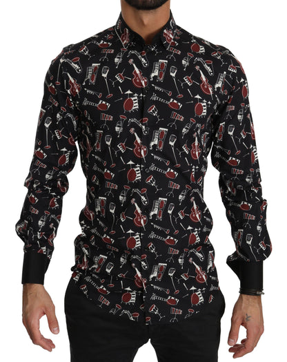 Chemise noire à manches longues et coupe ajustée avec motif d'instrument de musique de Dolce &amp; Gabbana