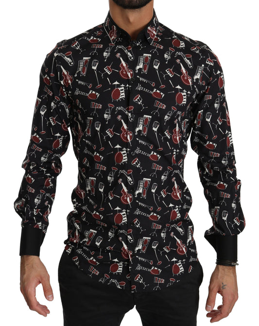 Chemise noire à manches longues et coupe ajustée avec motif d'instrument de musique de Dolce &amp; Gabbana