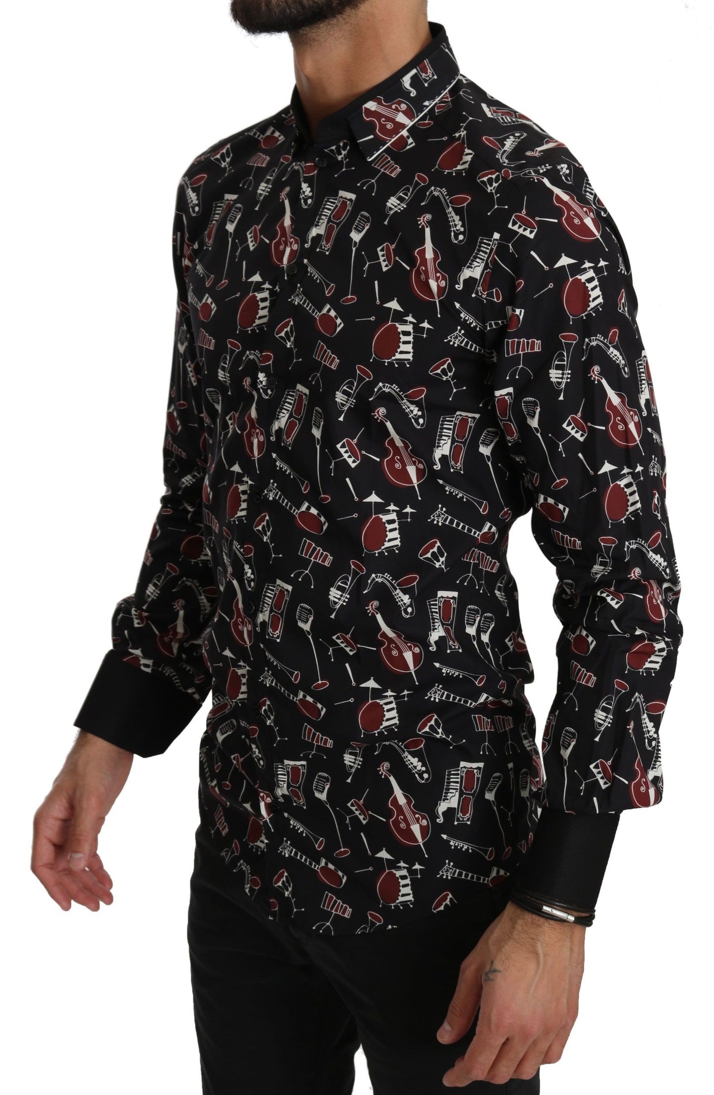 Chemise noire à manches longues et coupe ajustée avec motif d'instrument de musique de Dolce &amp; Gabbana