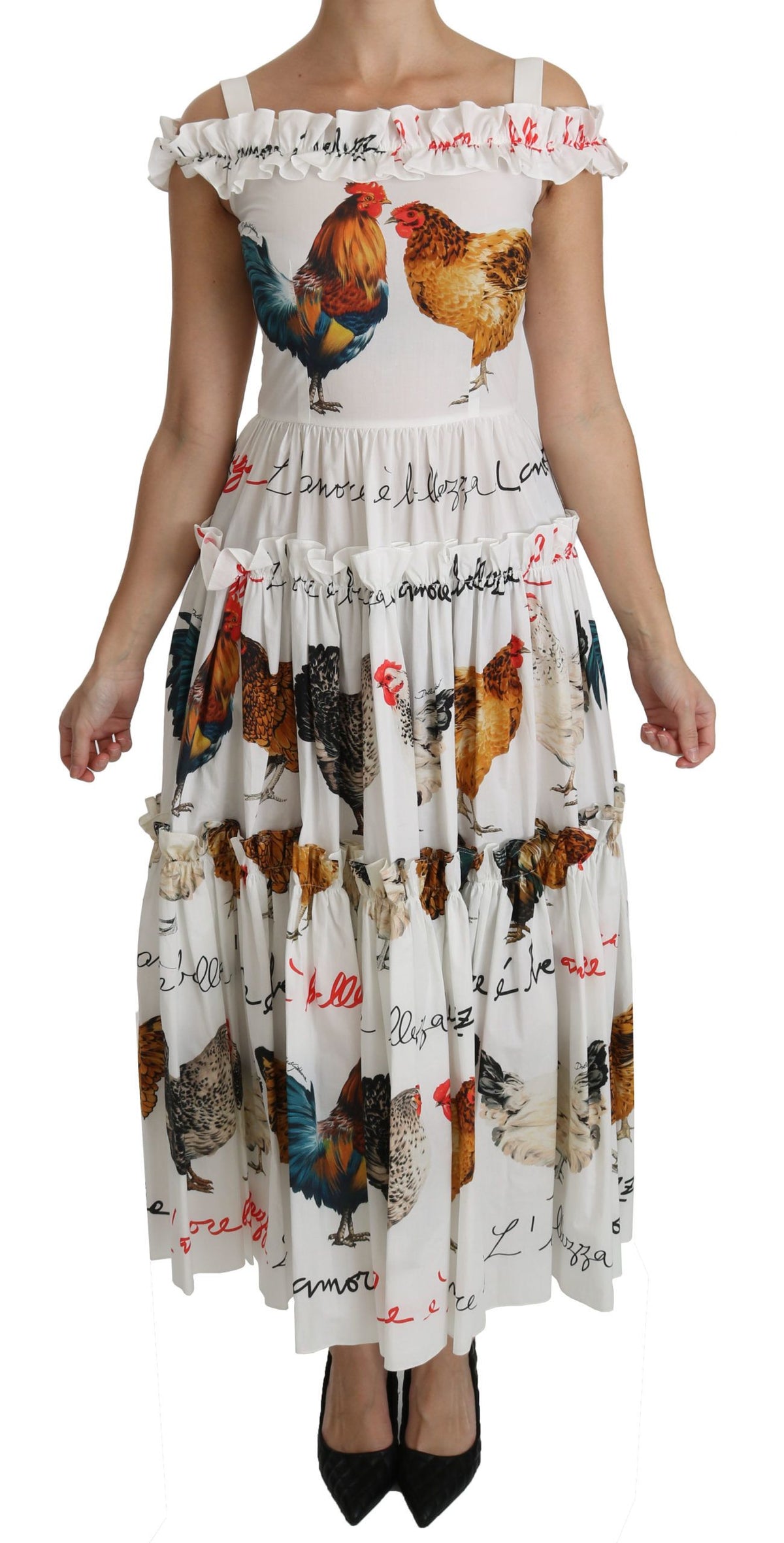 Robe midi en coton blanche à motif coq de Dolce &amp; Gabbana