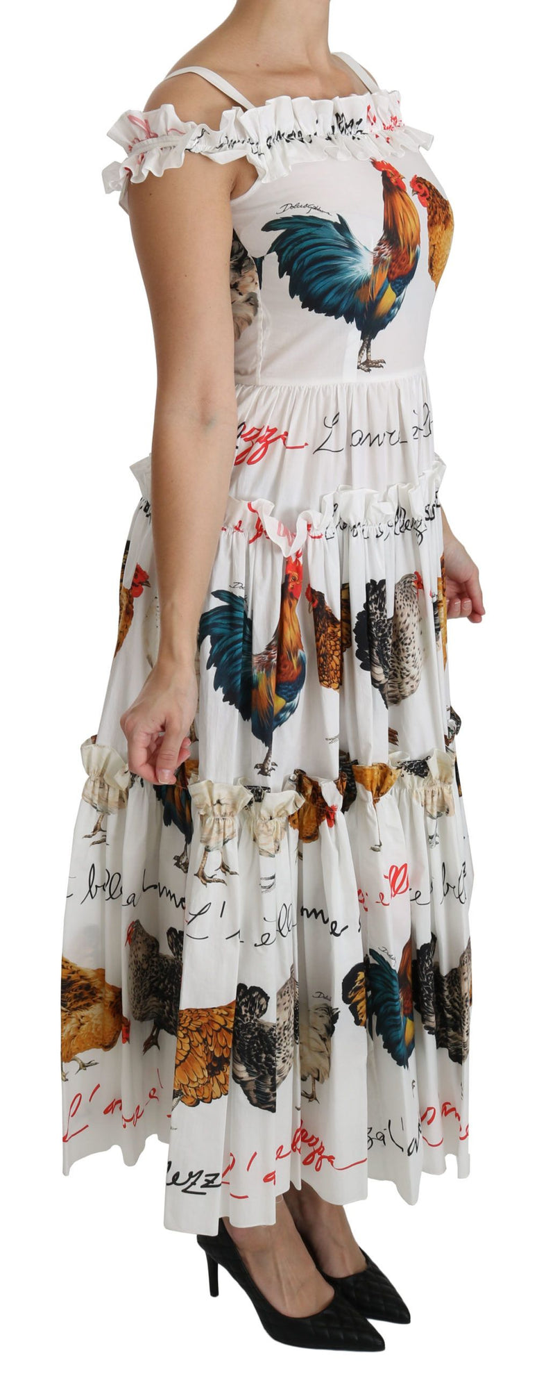 Robe midi en coton blanche à motif coq de Dolce &amp; Gabbana