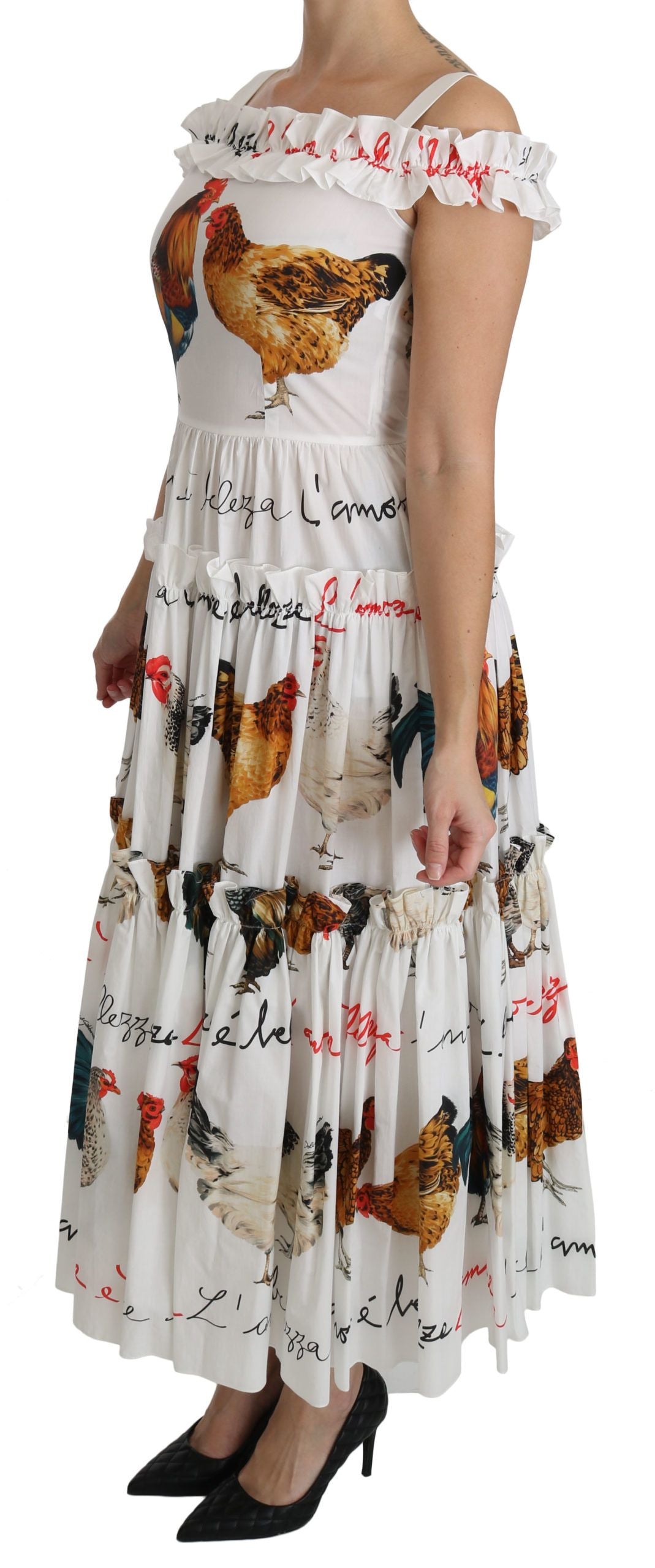 Robe midi en coton blanche à motif coq de Dolce &amp; Gabbana