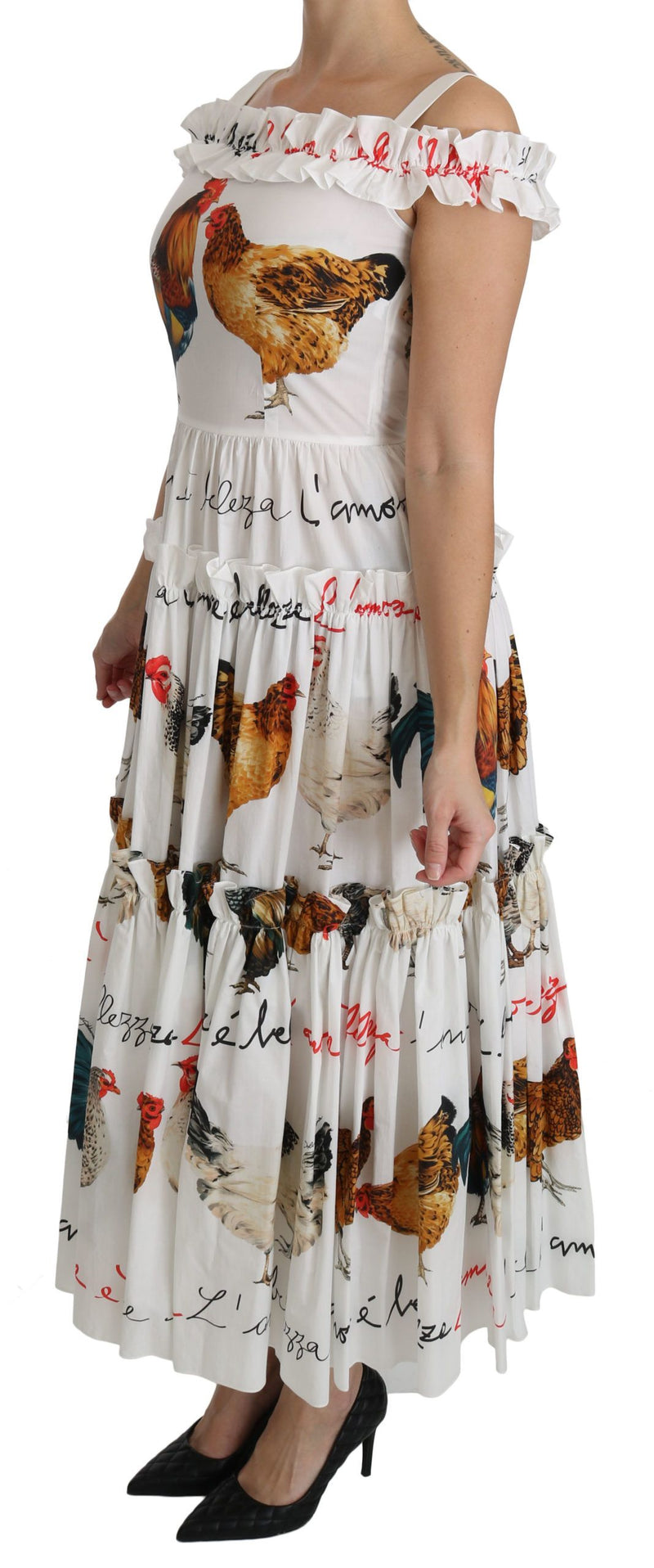 Robe midi en coton blanche à motif coq de Dolce &amp; Gabbana
