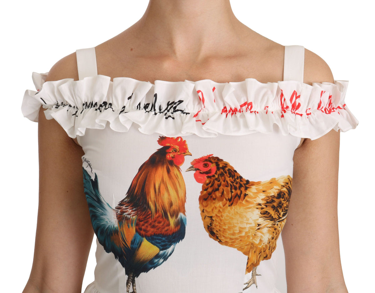 Robe midi en coton blanche à motif coq de Dolce &amp; Gabbana