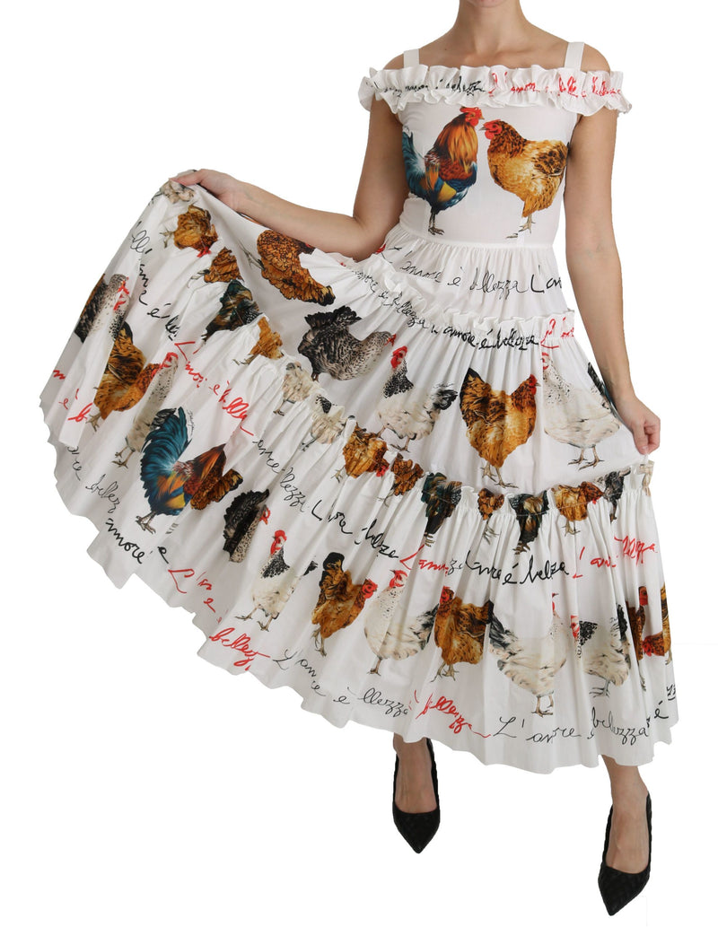 Robe midi en coton blanche à motif coq de Dolce &amp; Gabbana