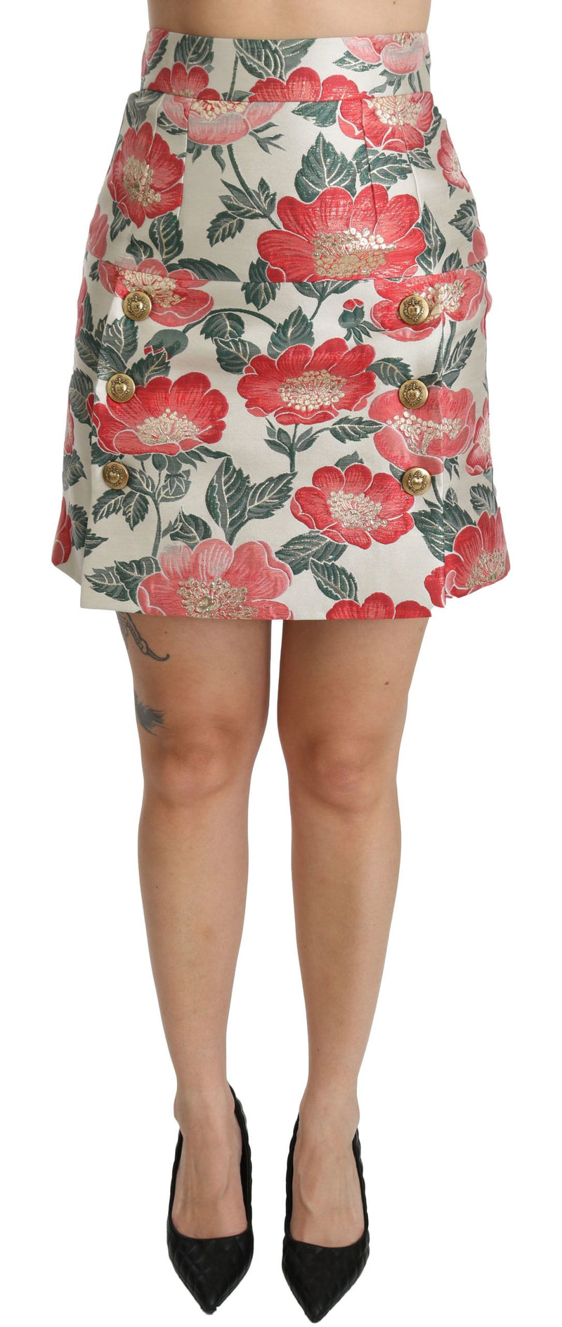 Jupe mini taille haute à motifs floraux blancs, verts et rouges de Dolce &amp; Gabbana