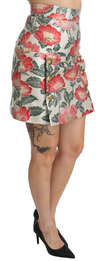 Jupe mini taille haute à motifs floraux blancs, verts et rouges de Dolce &amp; Gabbana