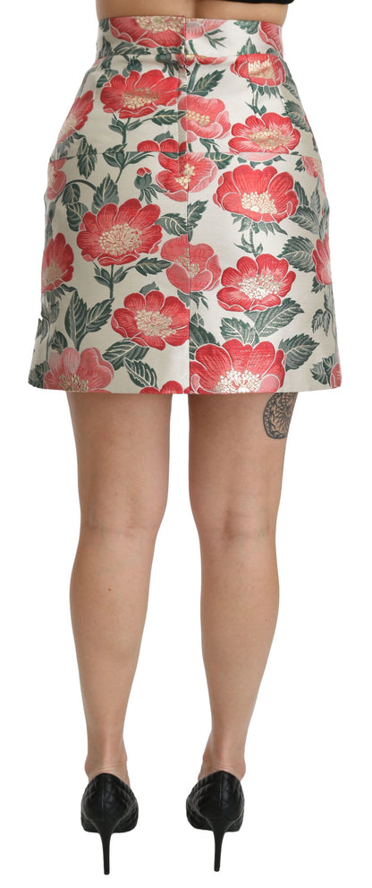 Jupe mini taille haute à motifs floraux blancs, verts et rouges de Dolce &amp; Gabbana