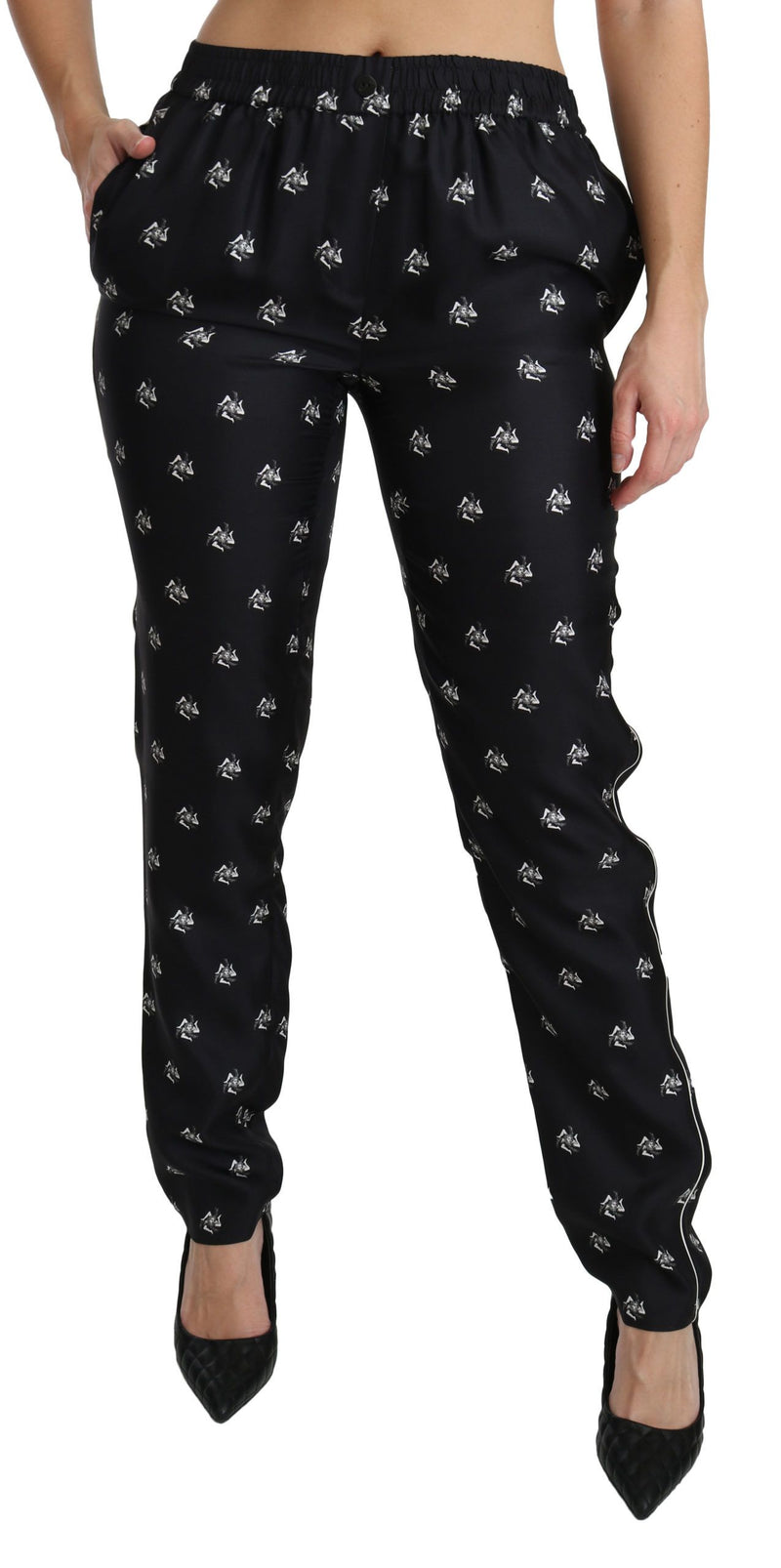 Pantalon skinny en soie imprimée noire Dolce &amp; Gabbana, taille mi-haute