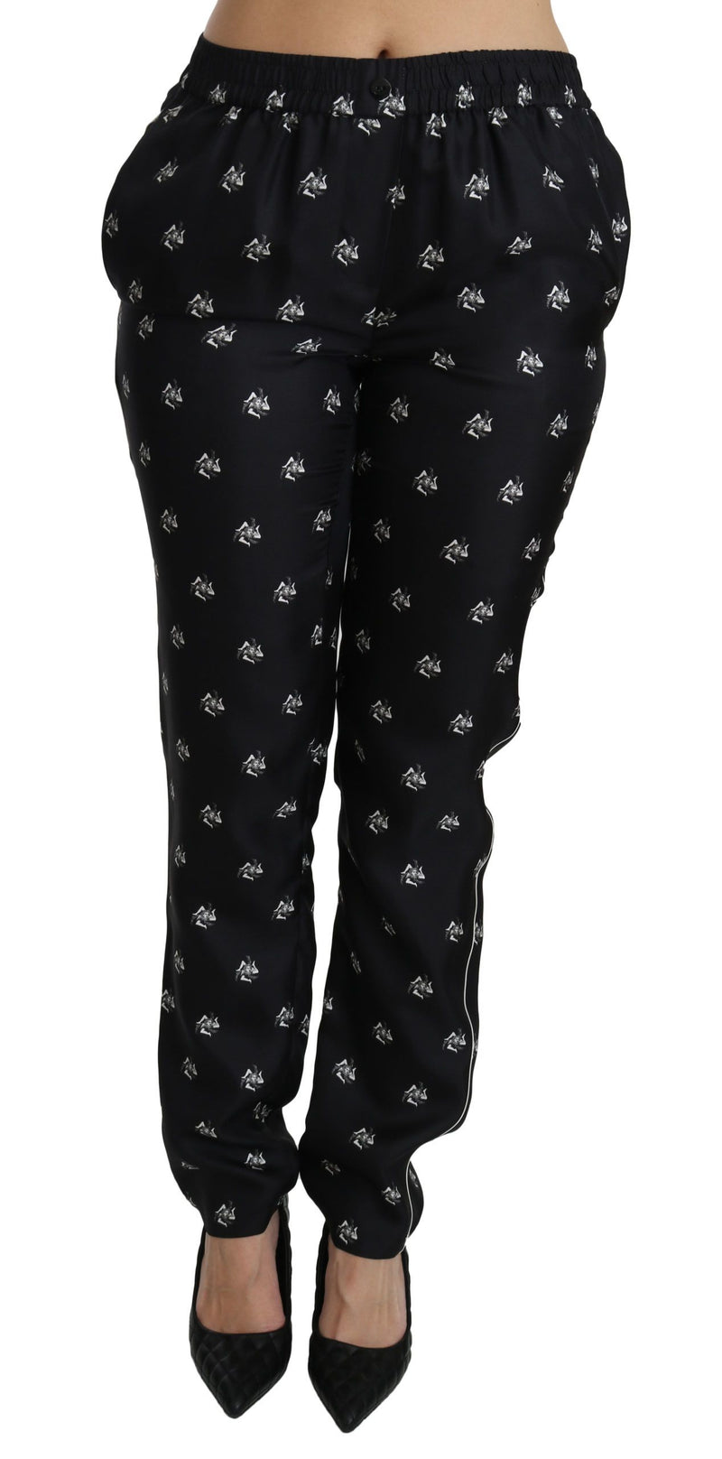 Pantalon skinny en soie imprimée noire Dolce &amp; Gabbana, taille mi-haute