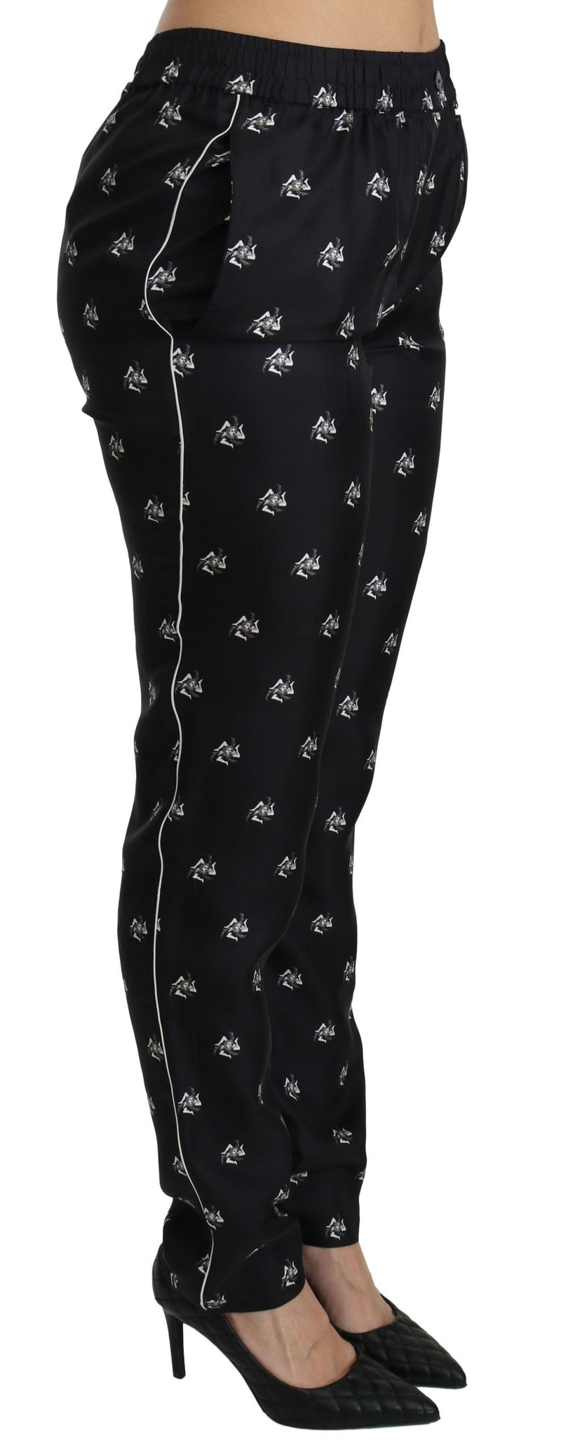 Pantalon skinny en soie imprimée noire Dolce &amp; Gabbana, taille mi-haute