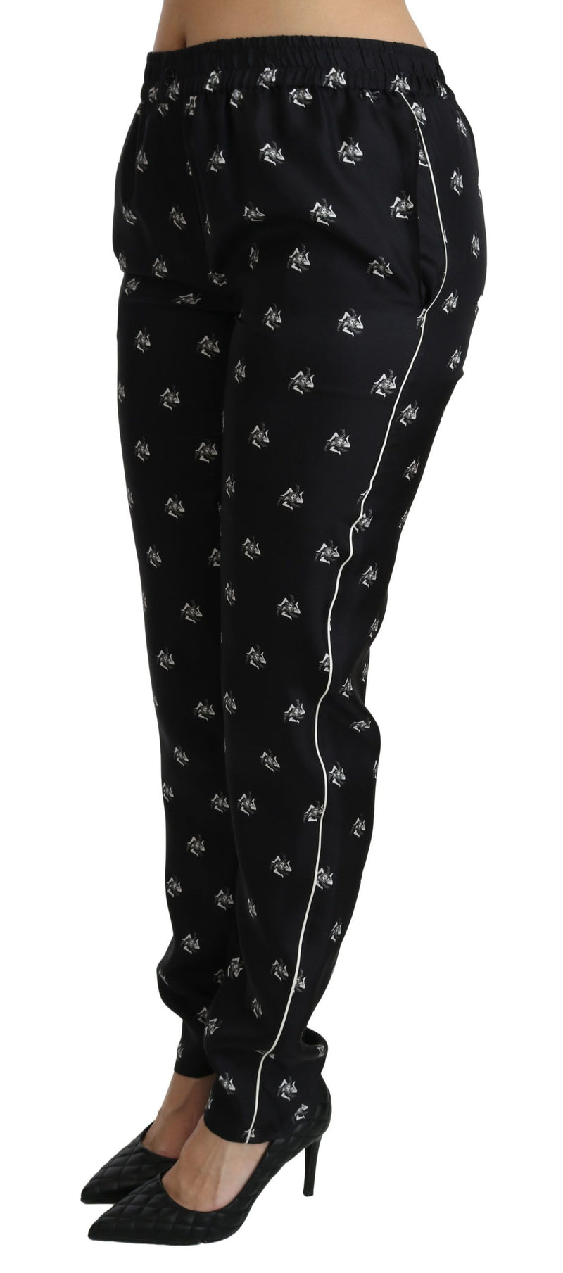 Pantalon skinny en soie imprimée noire Dolce &amp; Gabbana, taille mi-haute