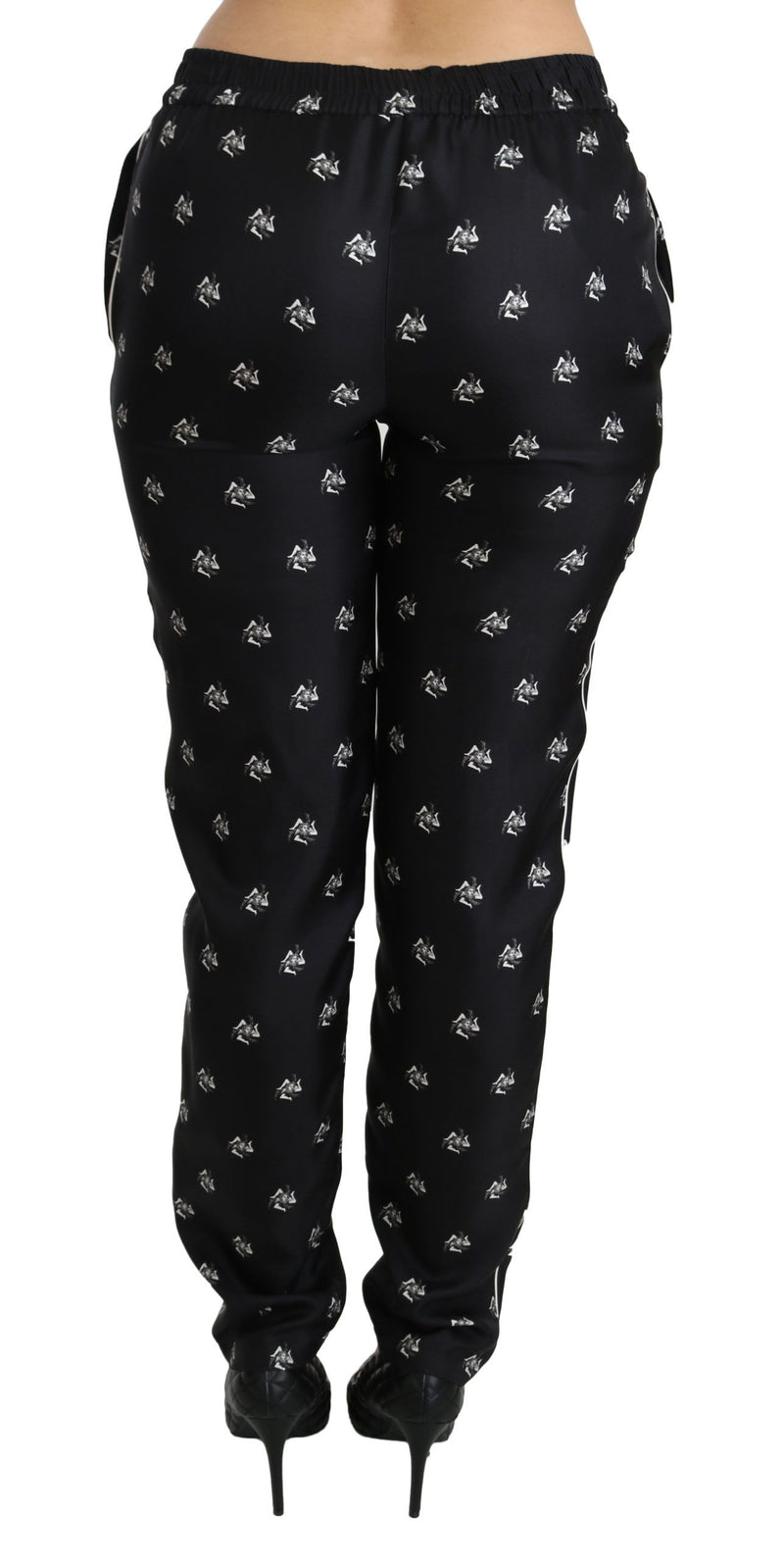 Pantalon skinny en soie imprimée noire Dolce &amp; Gabbana, taille mi-haute