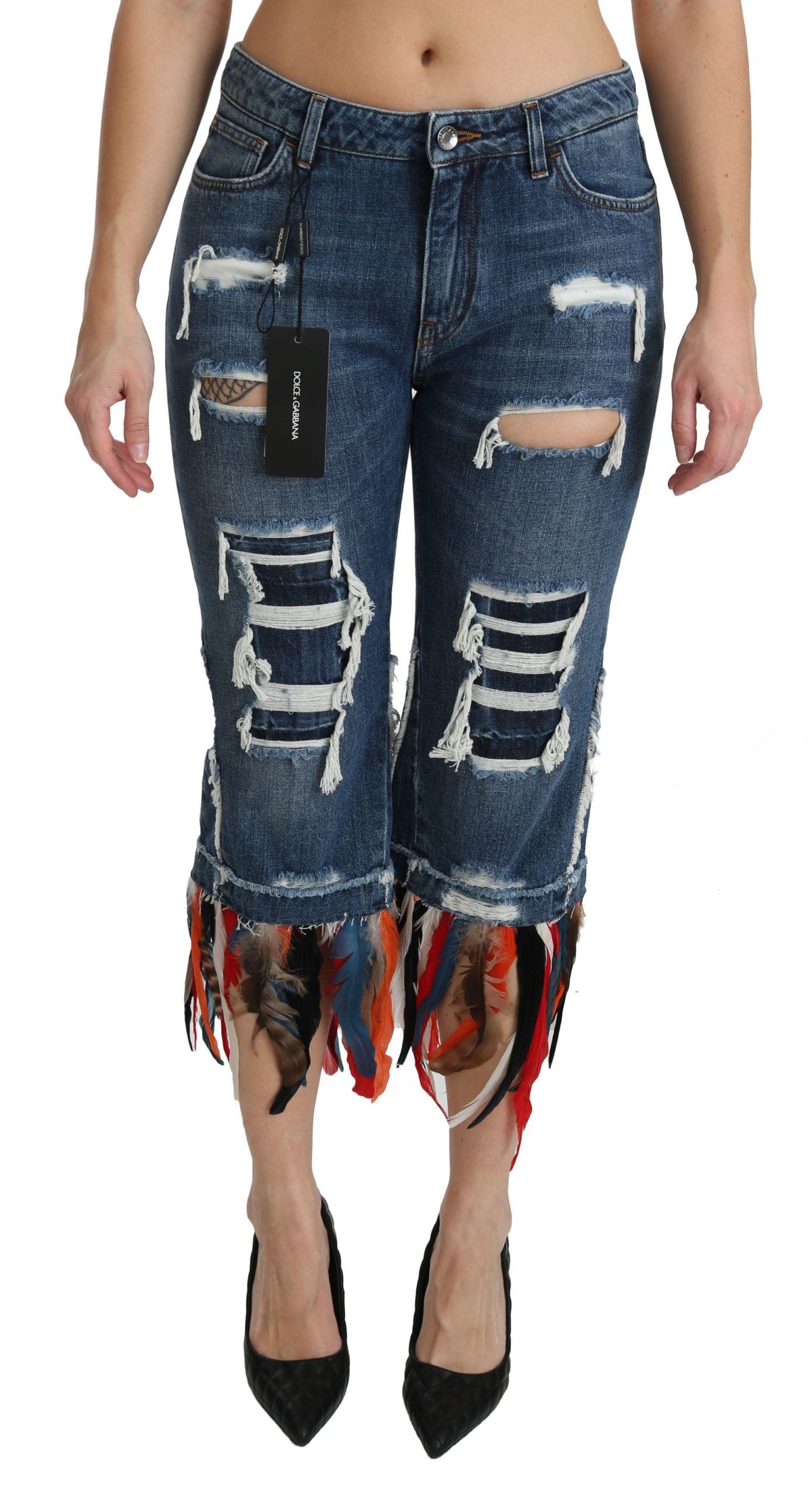 Jean court taille basse en coton Dolce &amp; Gabbana à plumes bleues