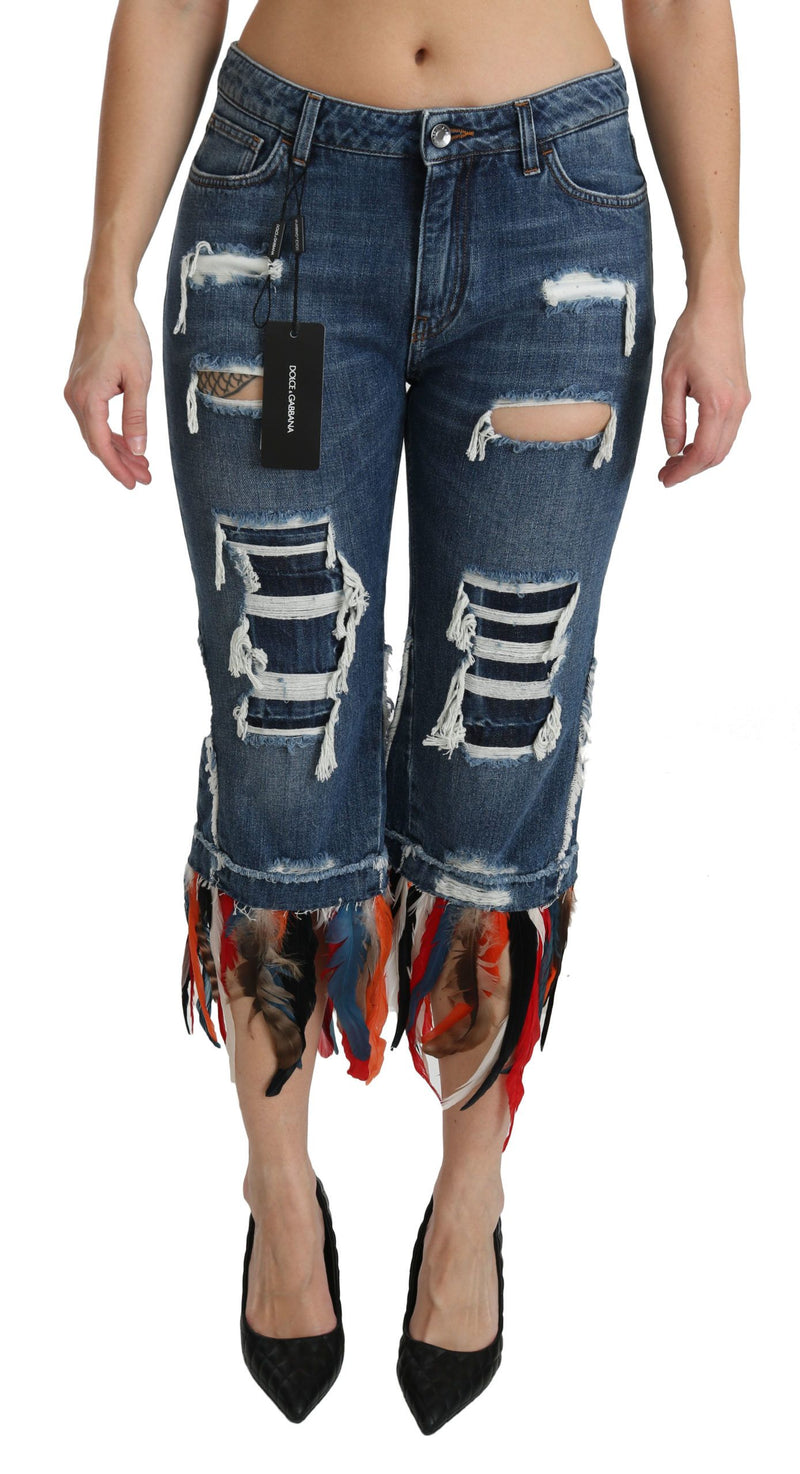 Jean court taille basse en coton Dolce &amp; Gabbana à plumes bleues
