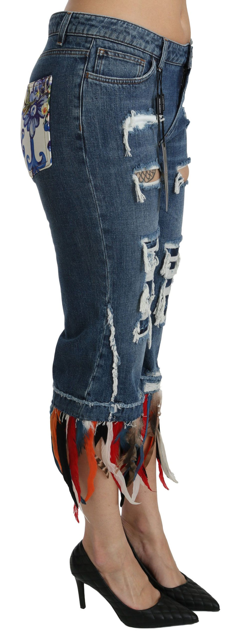 Jean court taille basse en coton Dolce &amp; Gabbana à plumes bleues