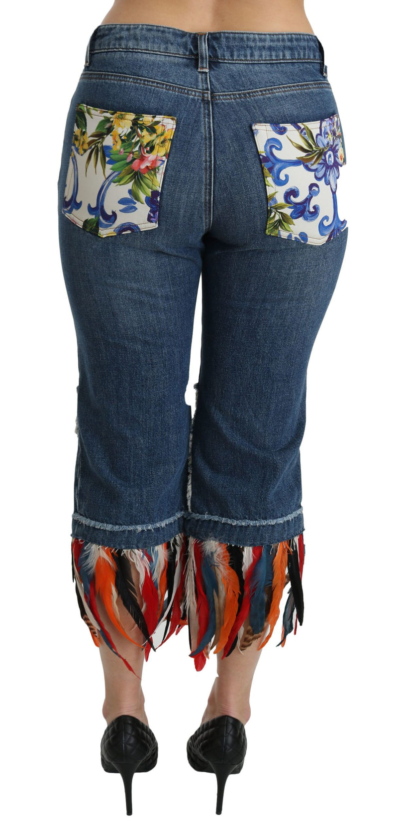Jean court taille basse en coton Dolce &amp; Gabbana à plumes bleues