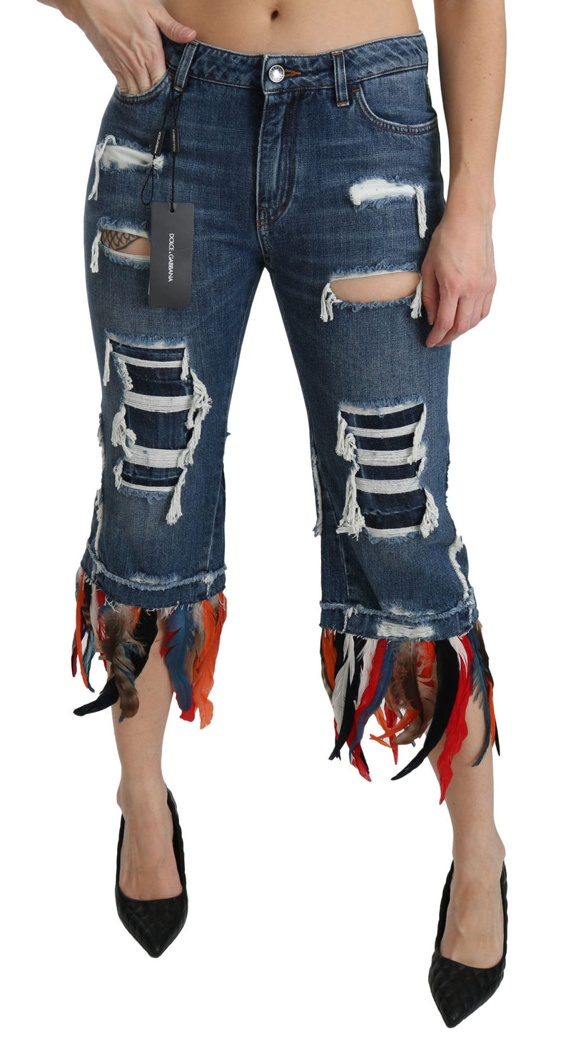 Jean court taille basse en coton Dolce &amp; Gabbana à plumes bleues