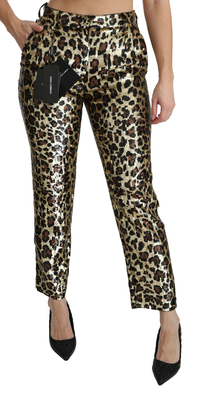 Pantalon taille haute à sequins léopard marron Dolce &amp; Gabbana