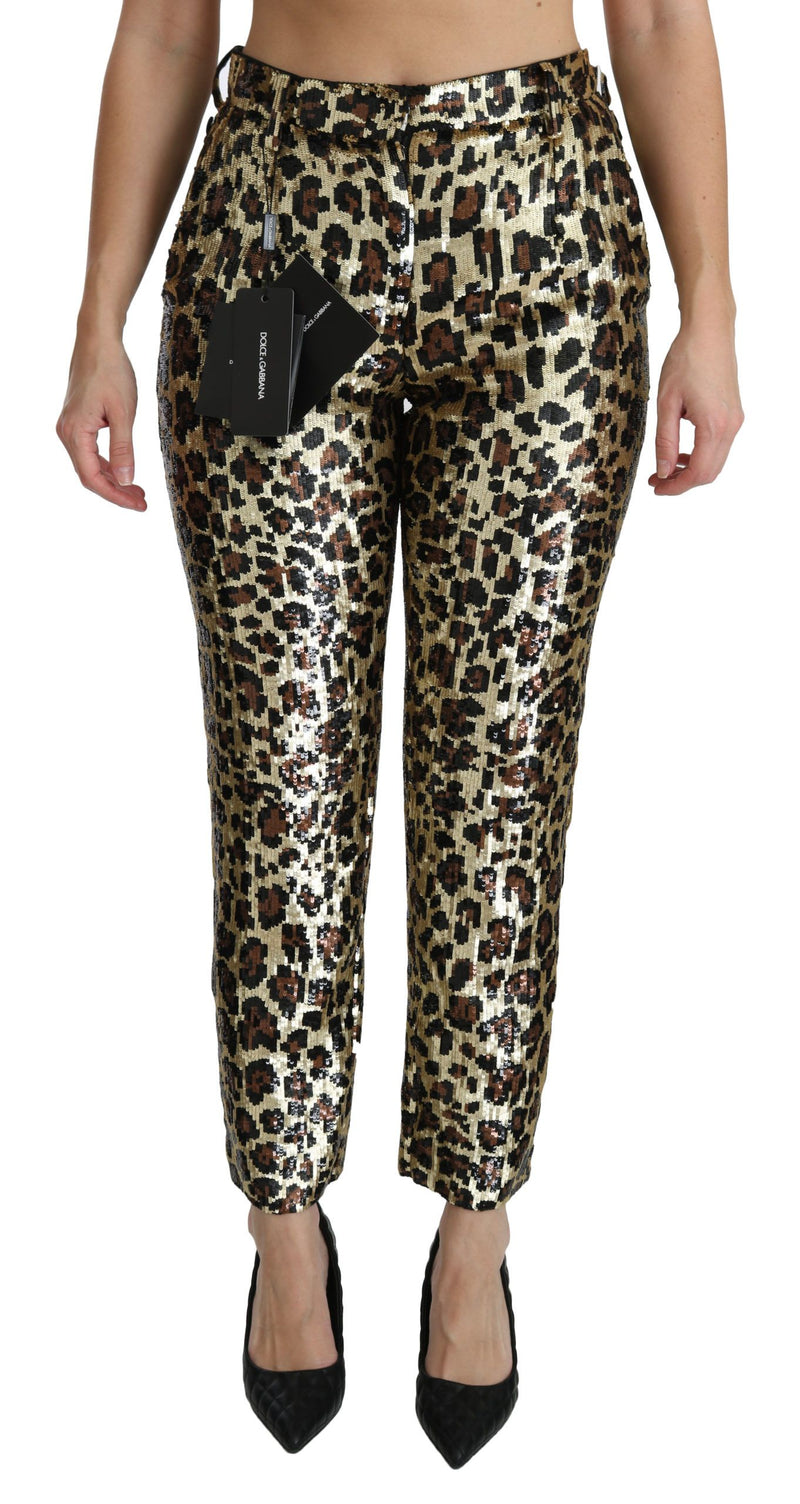 Pantalon taille haute à sequins léopard marron Dolce &amp; Gabbana