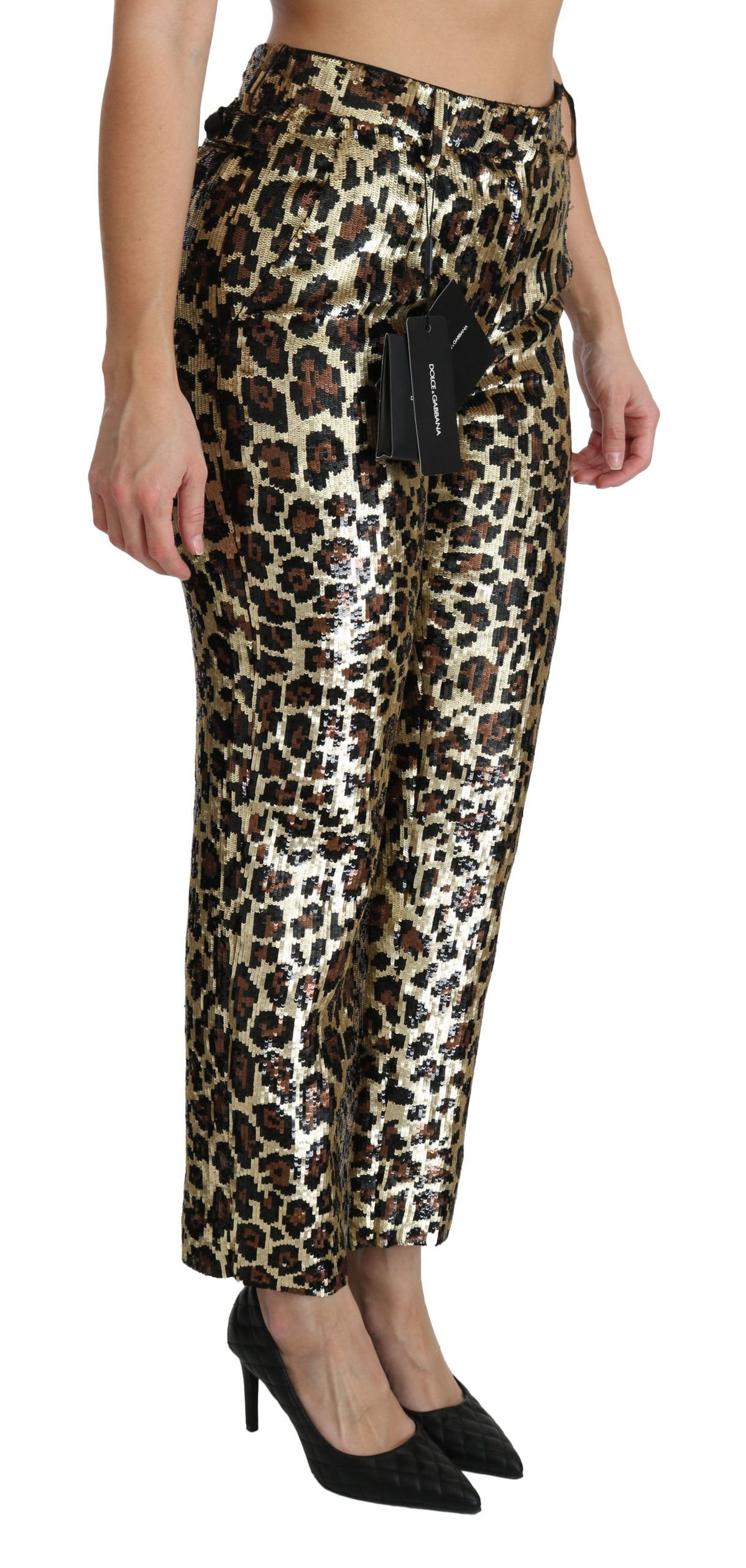 Pantalon taille haute à sequins léopard marron Dolce &amp; Gabbana