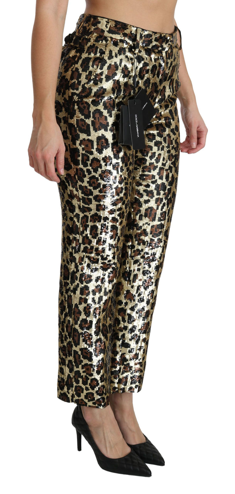 Pantalon taille haute à sequins léopard marron Dolce &amp; Gabbana