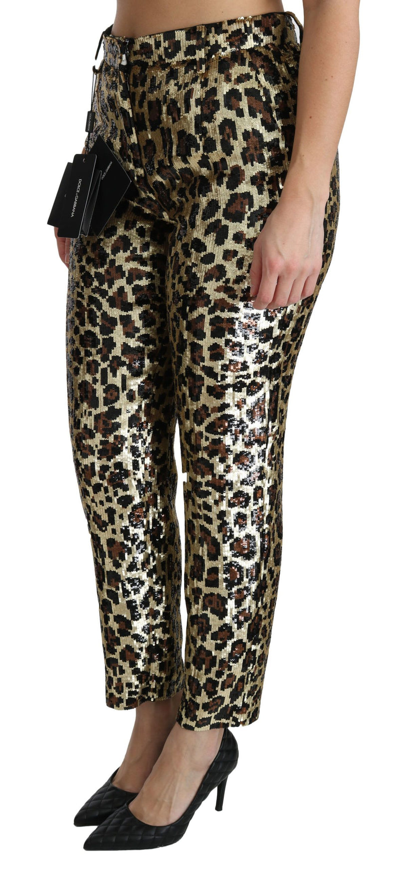 Pantalon taille haute à sequins léopard marron Dolce &amp; Gabbana