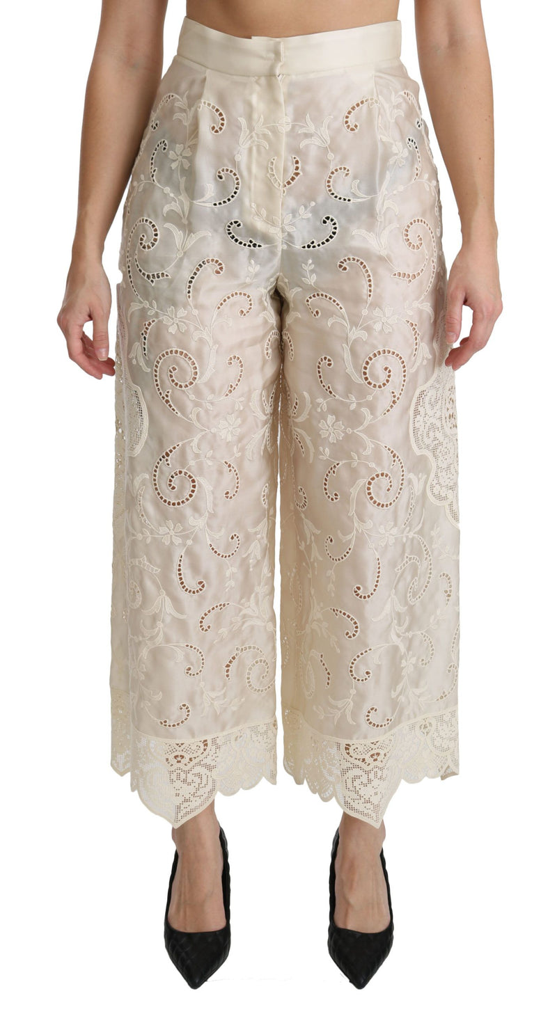 Pantalon palazzo court taille haute en dentelle crème Dolce &amp; Gabbana