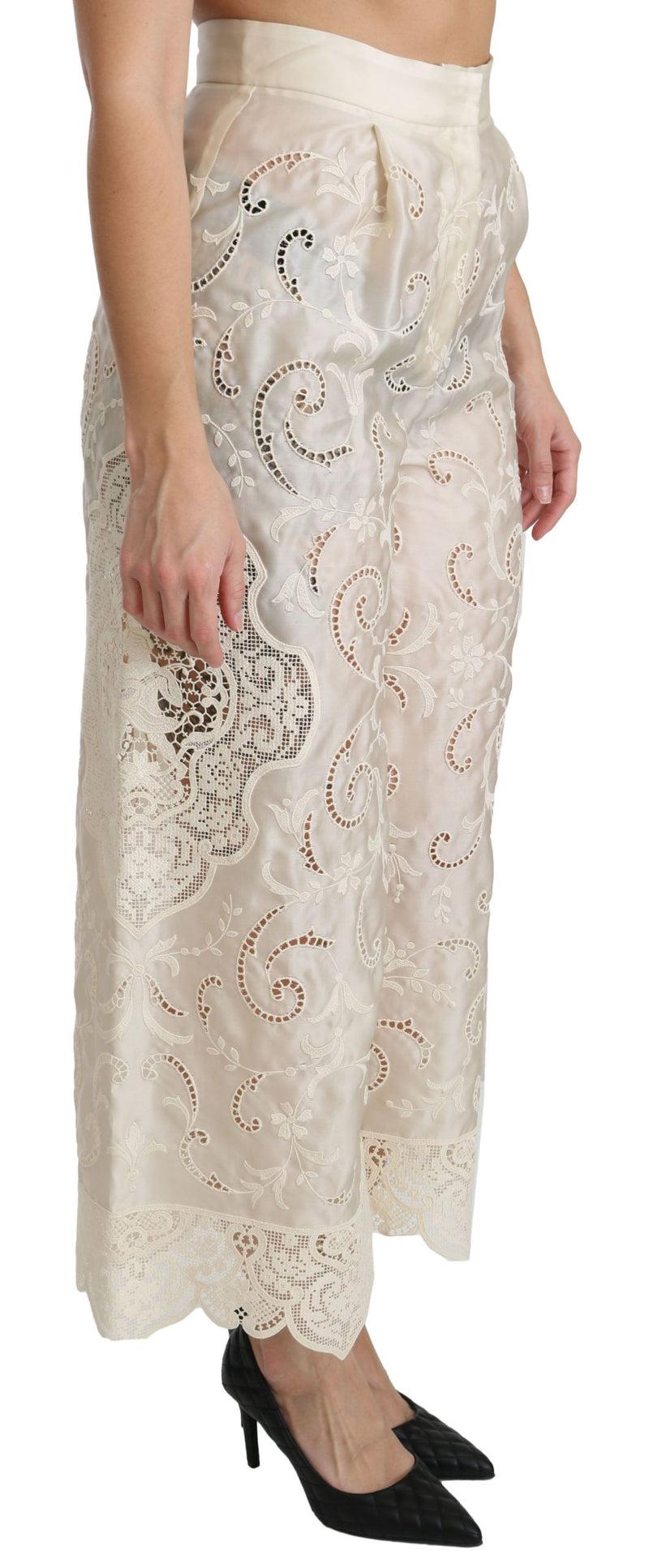 Pantalon palazzo court taille haute en dentelle crème Dolce &amp; Gabbana