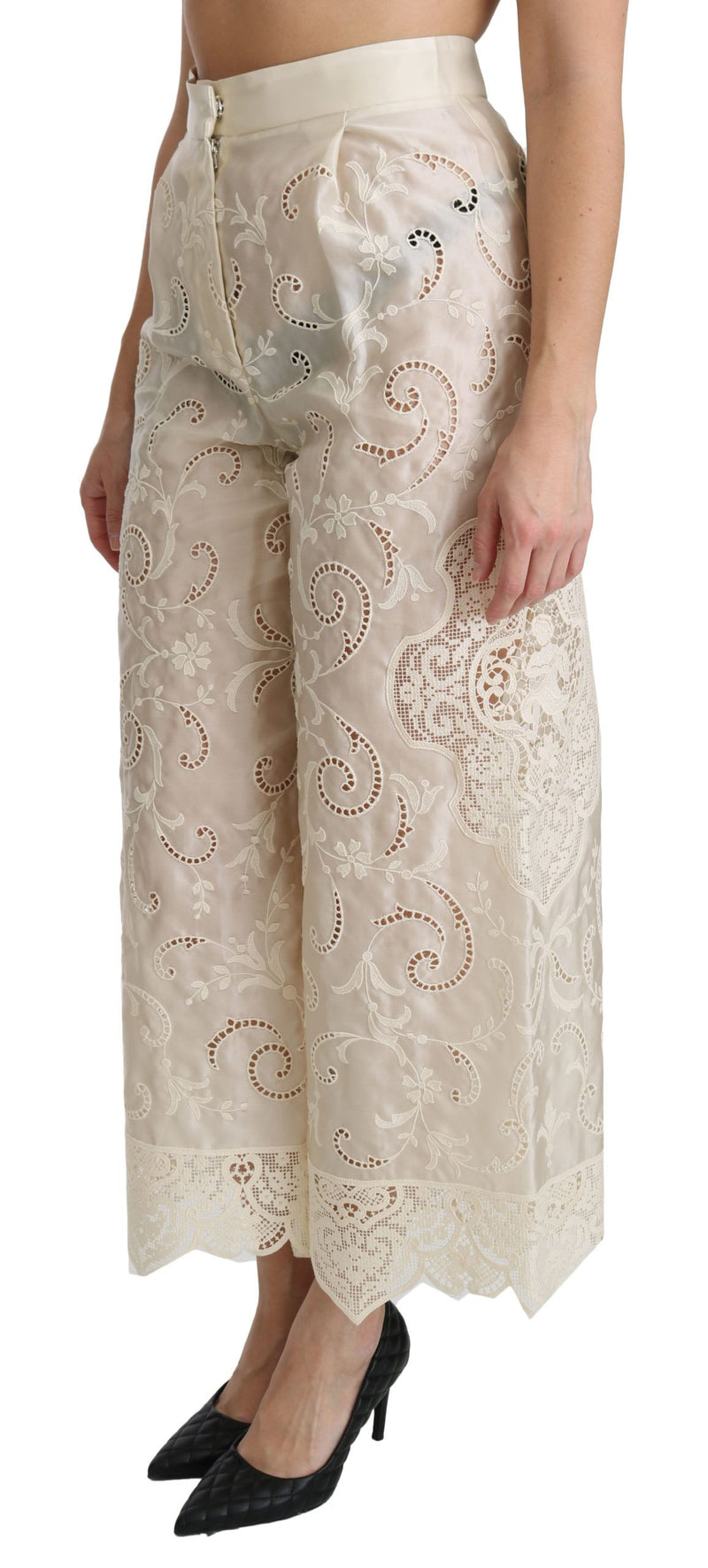 Pantalon palazzo court taille haute en dentelle crème Dolce &amp; Gabbana