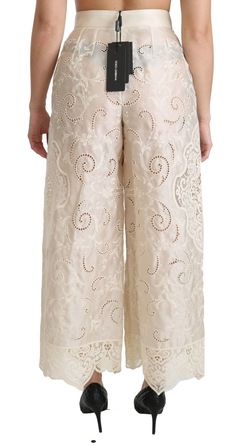 Pantalon palazzo court taille haute en dentelle crème Dolce &amp; Gabbana