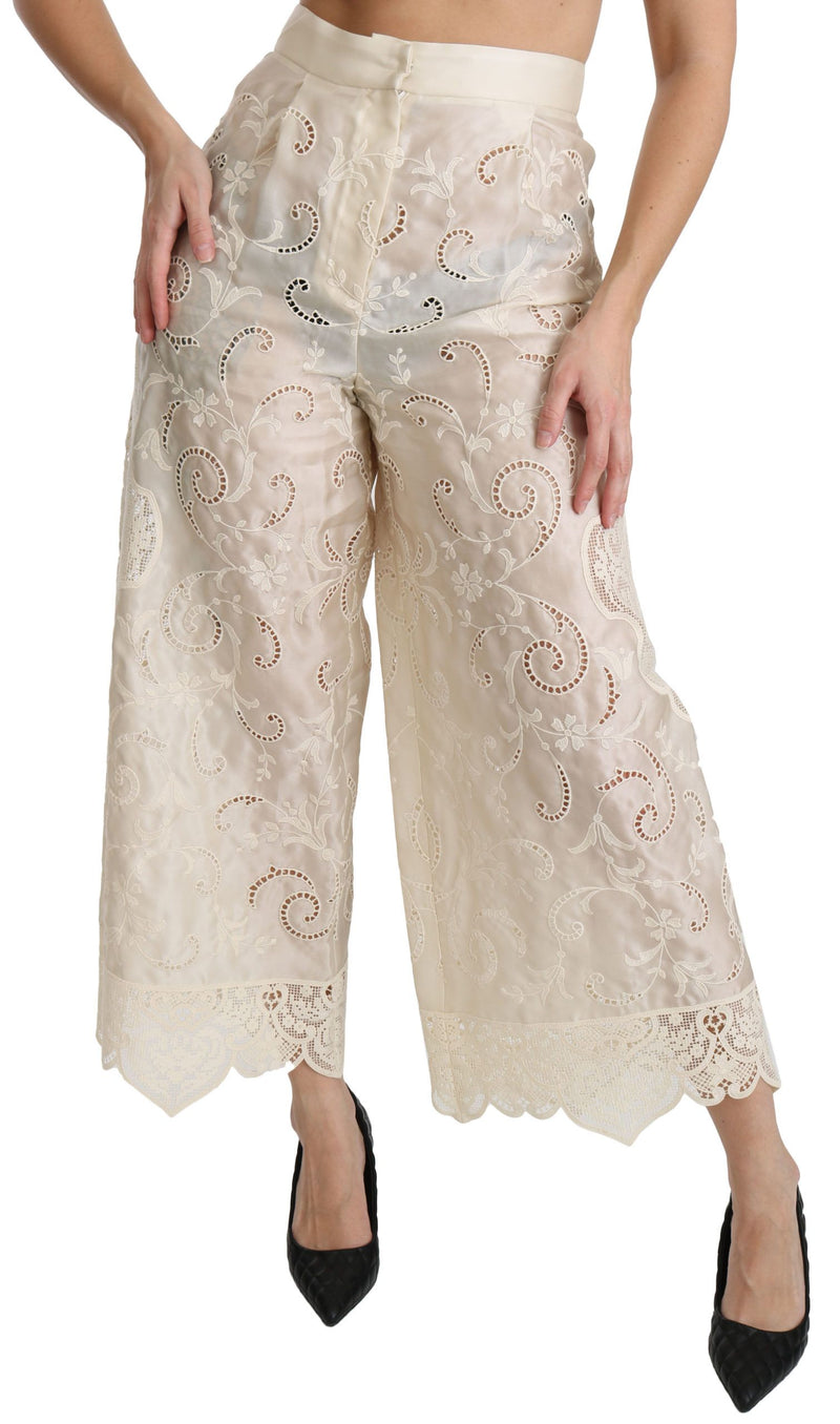 Pantalon palazzo court taille haute en dentelle crème Dolce &amp; Gabbana