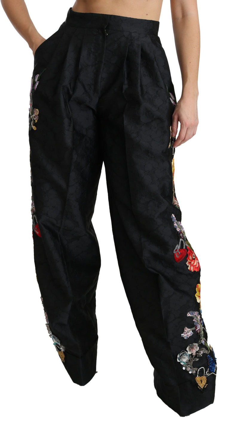 Pantalon Dolce &amp; Gabbana en brocart noir à fleurs, sequins et perles