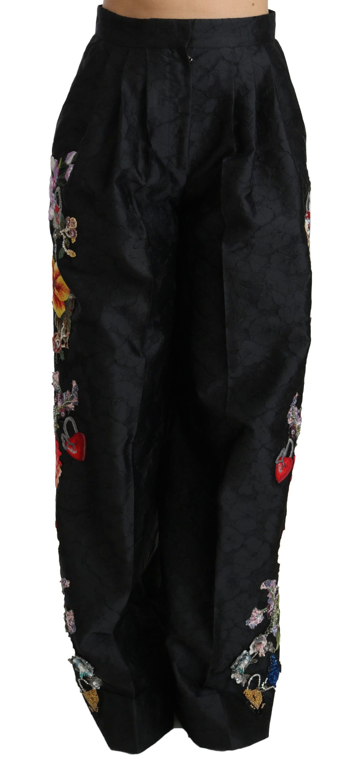 Pantalon Dolce &amp; Gabbana en brocart noir à fleurs, sequins et perles