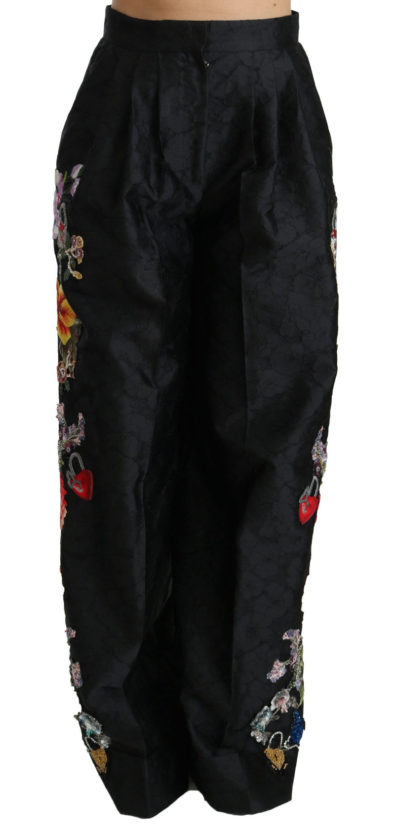 Pantalon Dolce &amp; Gabbana en brocart noir à fleurs, sequins et perles
