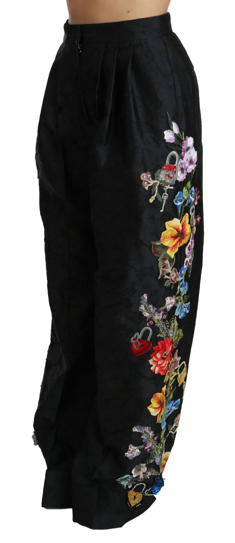 Pantalon Dolce &amp; Gabbana en brocart noir à fleurs, sequins et perles