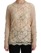 Blouse en cachemire beige à manches longues et dentelle de Dolce &amp; Gabbana