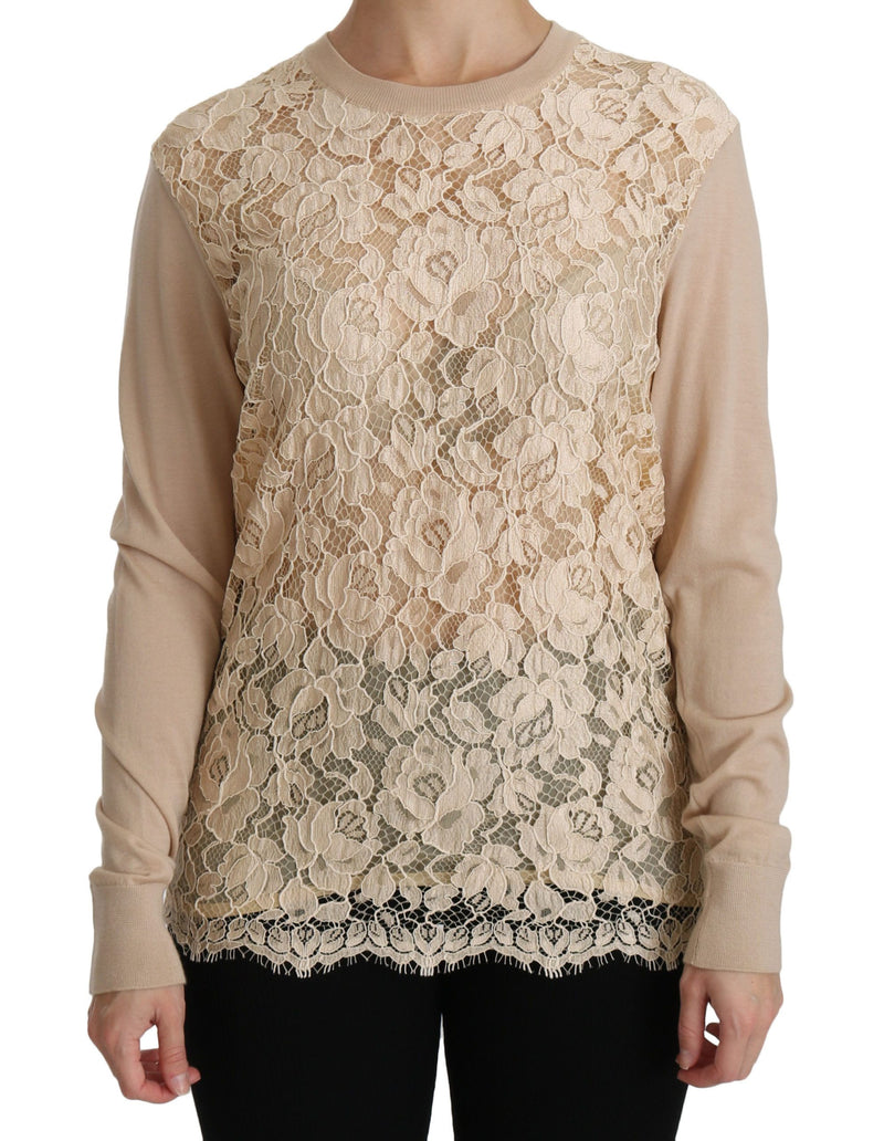 Blouse en cachemire beige à manches longues et dentelle de Dolce &amp; Gabbana