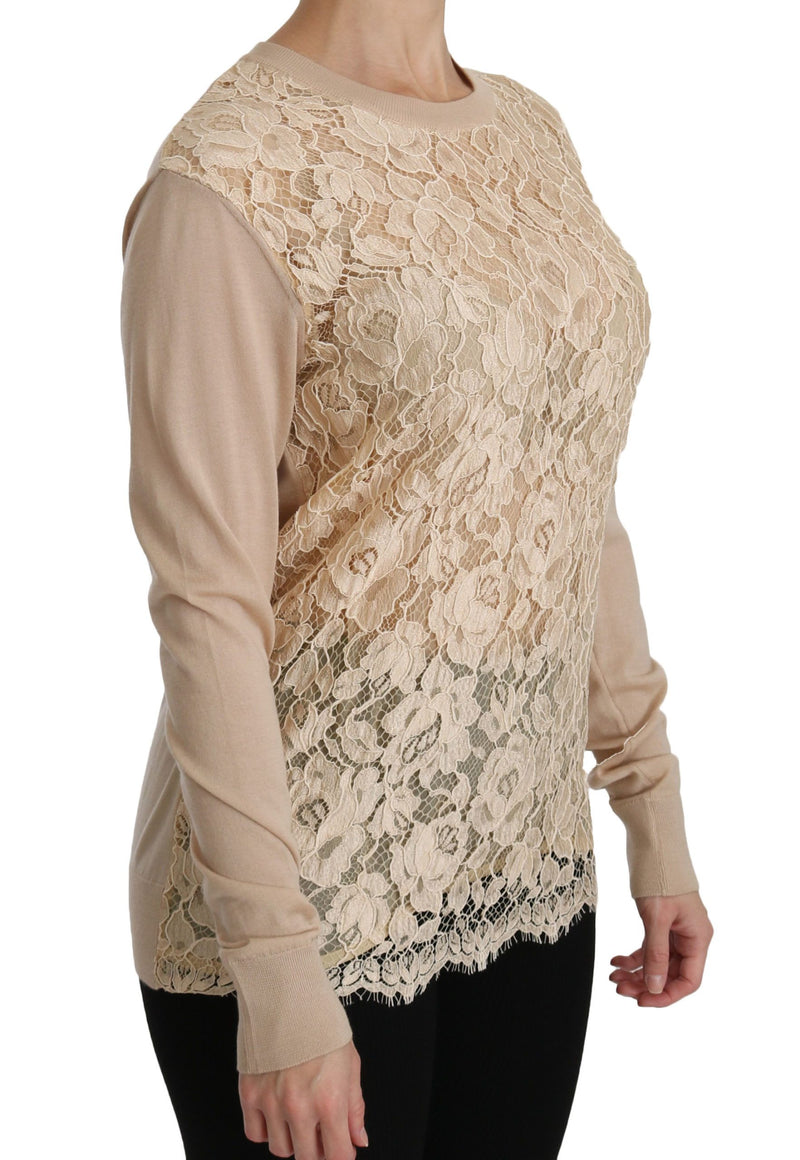 Blouse en cachemire beige à manches longues et dentelle de Dolce &amp; Gabbana