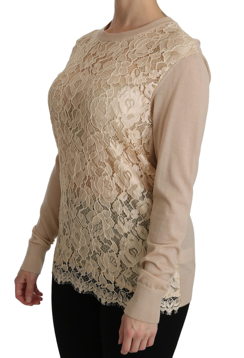 Blouse en cachemire beige à manches longues et dentelle de Dolce &amp; Gabbana