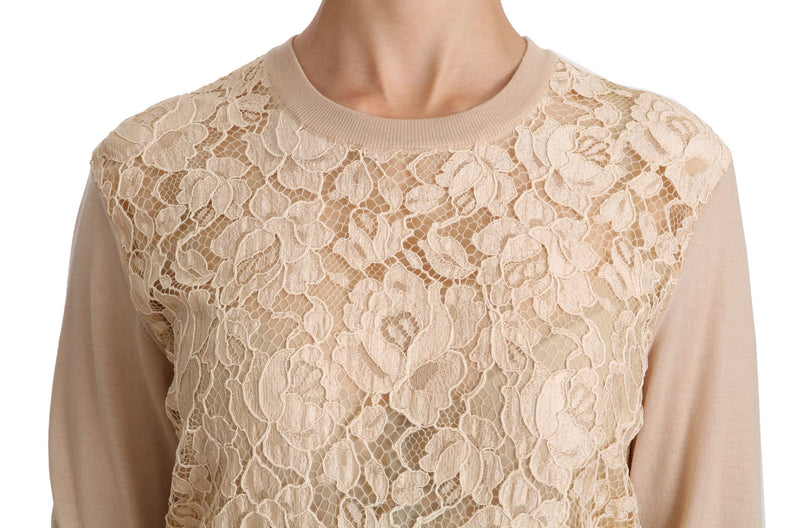 Blouse en cachemire beige à manches longues et dentelle de Dolce &amp; Gabbana