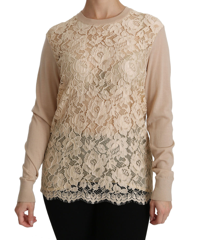 Blouse en cachemire beige à manches longues et dentelle de Dolce &amp; Gabbana