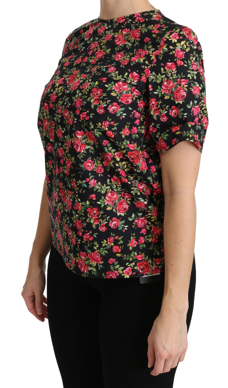 Blouse Dolce &amp; Gabbana à manches courtes, imprimé roses noires.