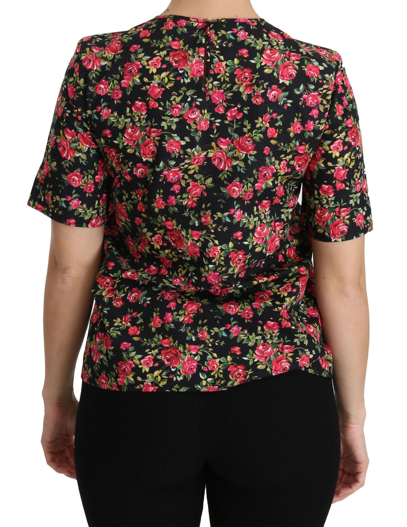 Blouse Dolce &amp; Gabbana à manches courtes, imprimé roses noires.