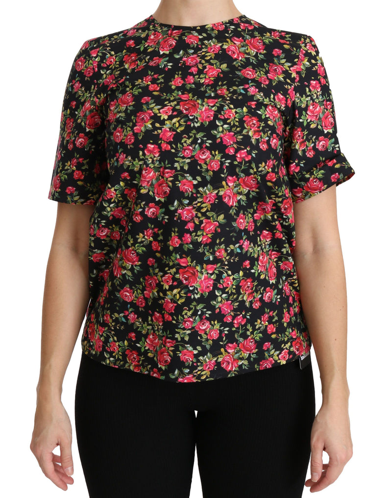 Blouse Dolce &amp; Gabbana à manches courtes, imprimé roses noires.