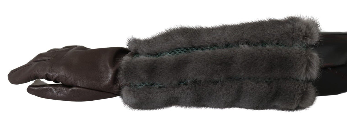 Gants mi-longs en cuir et fourrure marron Dolce &amp; Gabbana